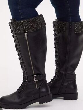 Torrid Solid Black Combat Moto Black Faux Fur Knee High S8 Sweater Trimmed Boots